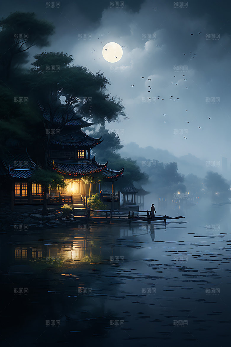 中秋氛围古风水面风景图