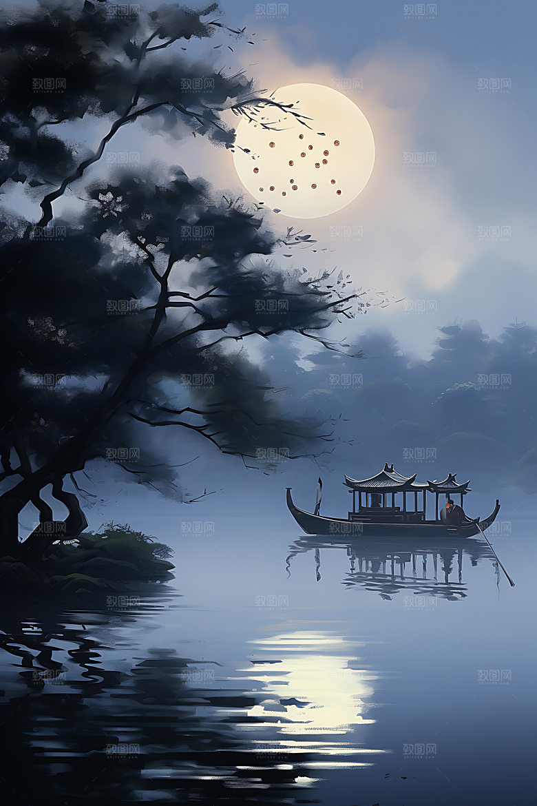 中秋氛围月圆赏月风景图