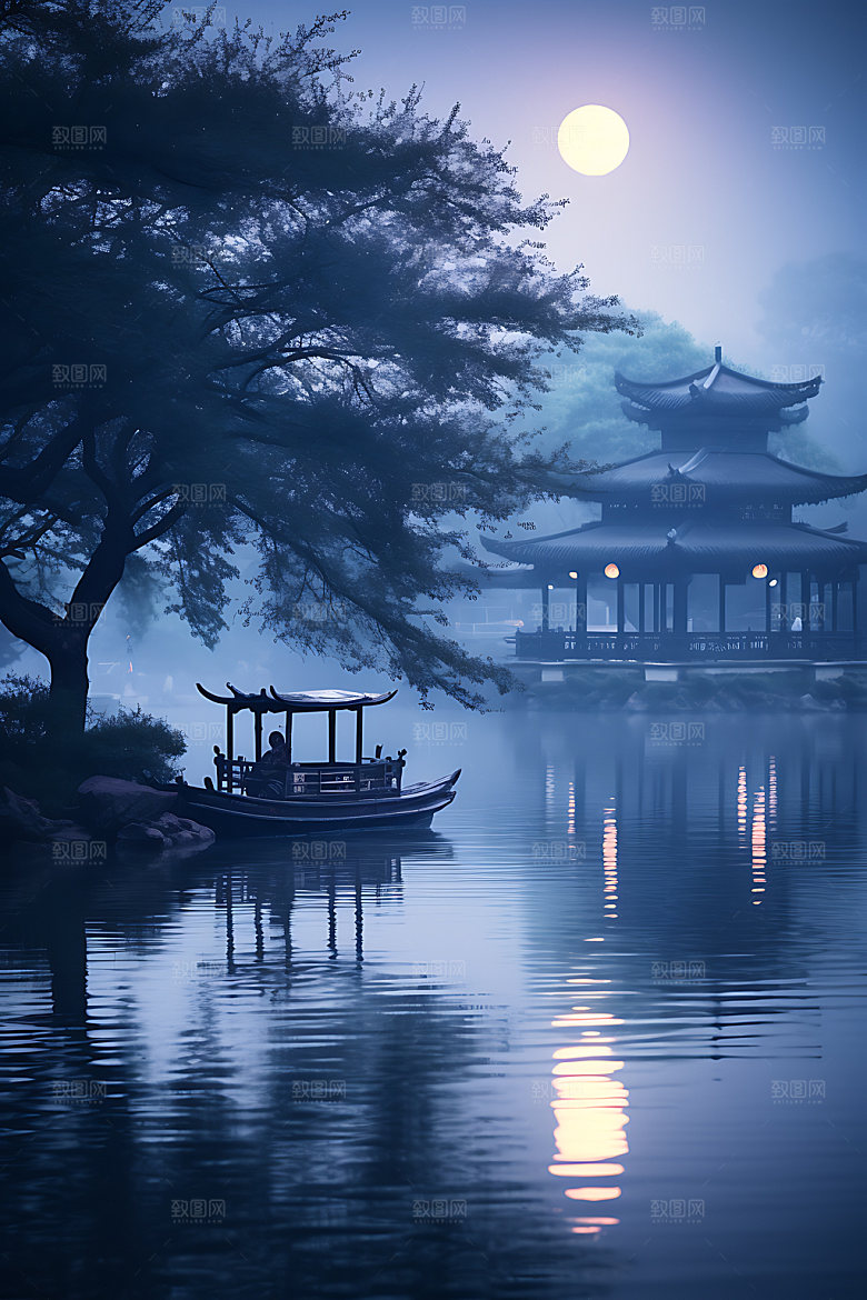 中秋氛围水面江面风景图