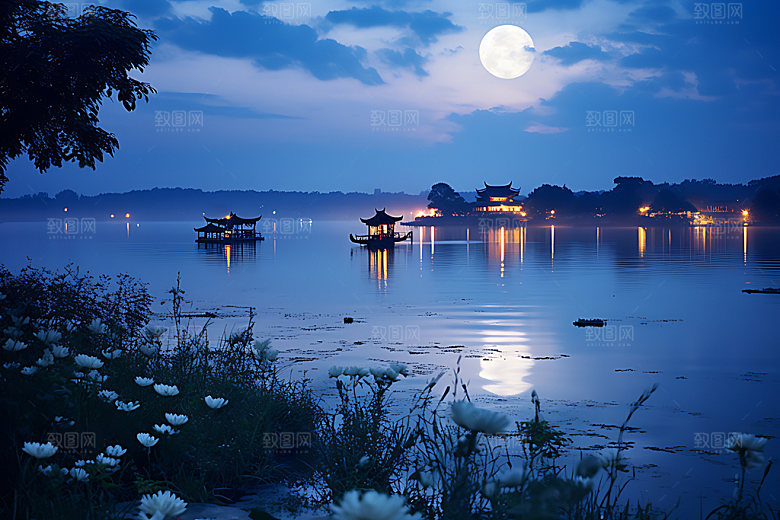 中秋氛围江面月圆风景图