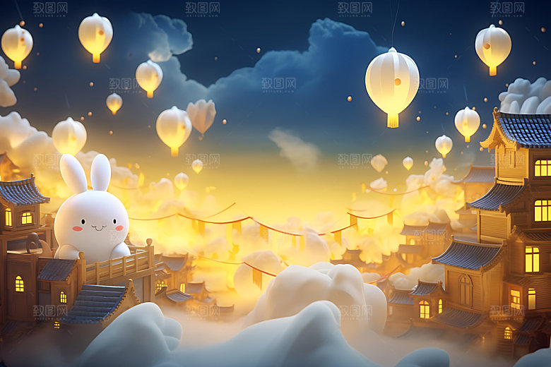 中秋古建筑3D赏月模型