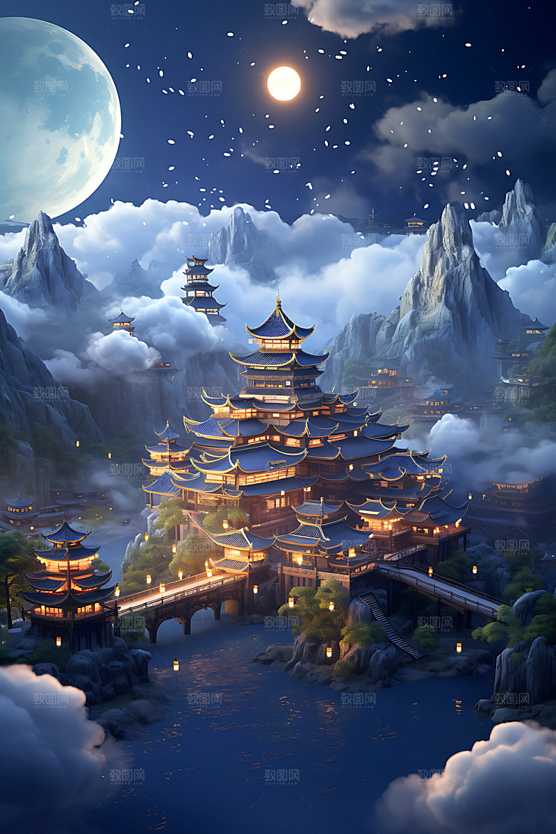 中秋古建筑中国风月圆模型
