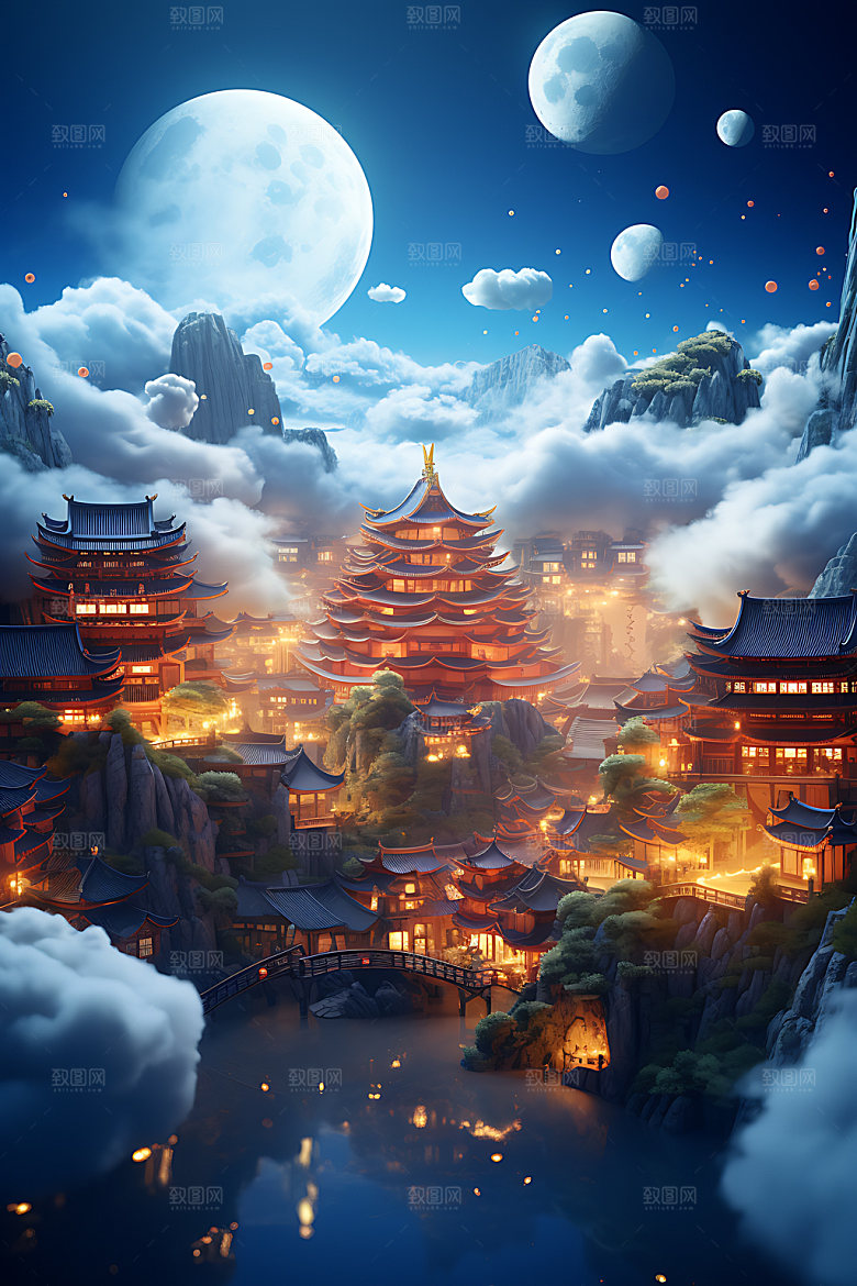 中秋古建筑中国风月圆模型