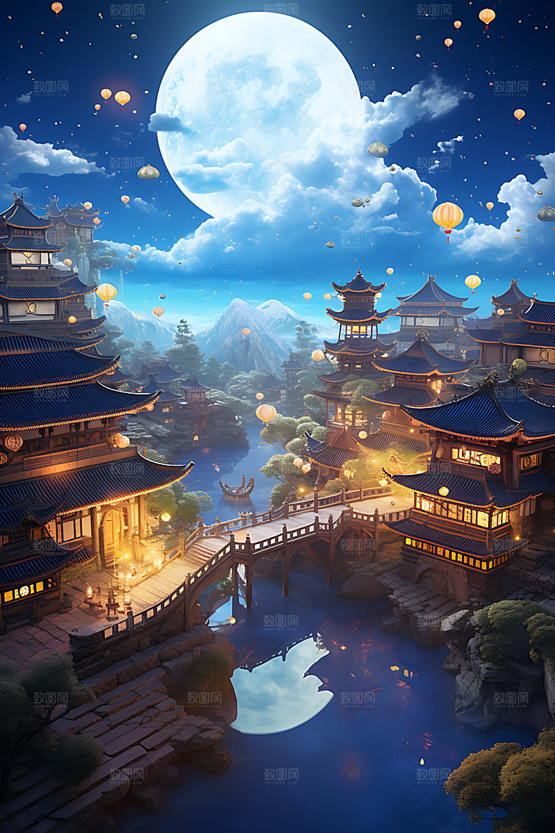 中秋古建筑传统节日中国风模型