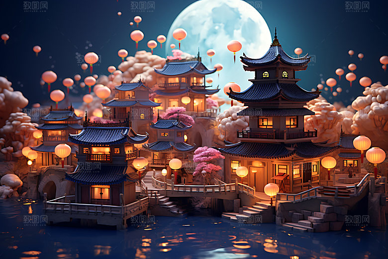 中秋古建筑赏月3D模型