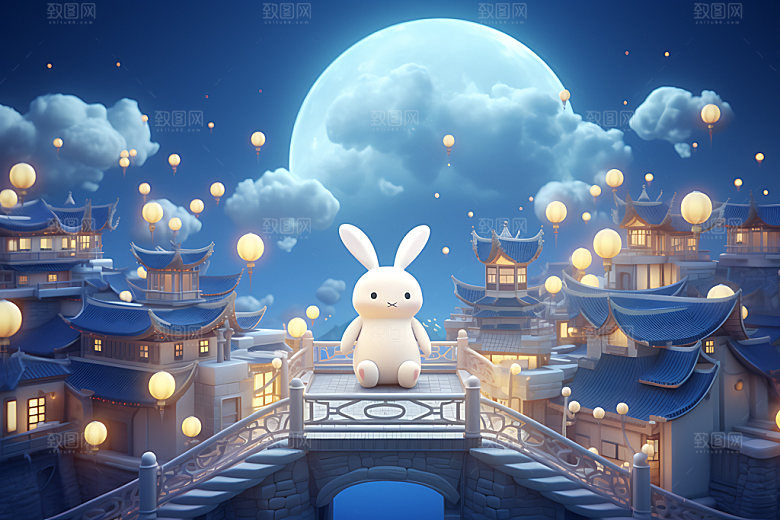 中秋古建筑3D月圆模型