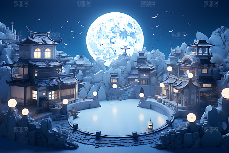 中秋古建筑赏月立体模型