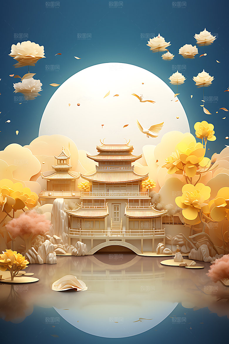 中秋古建筑传统节日3D模型