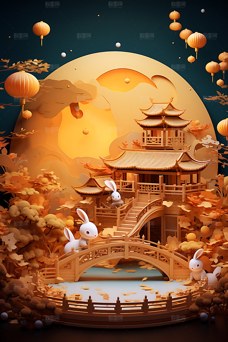 中秋古建筑月圆中国风模型