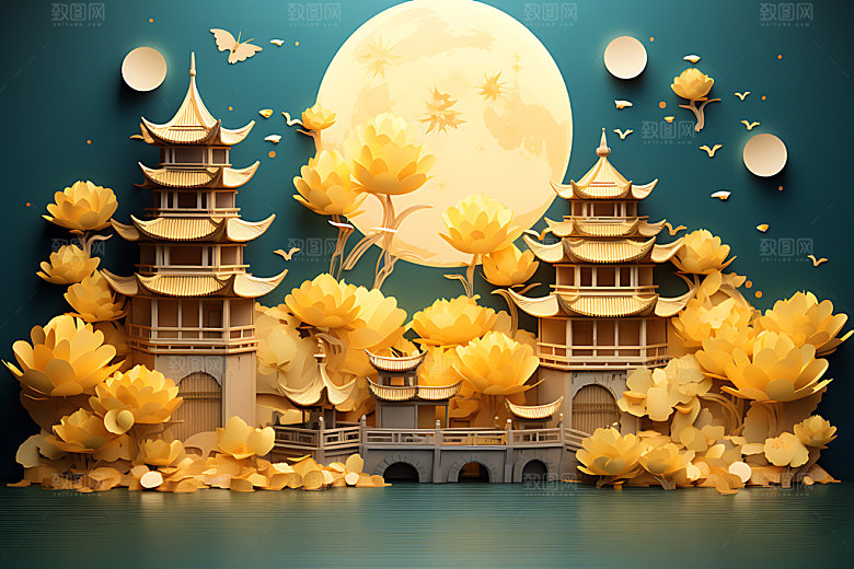 中秋古建筑月圆立体模型