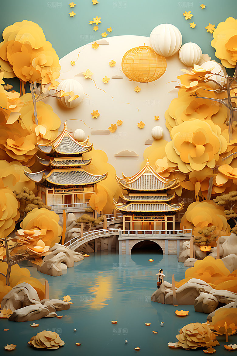 中秋古建筑月圆立体模型