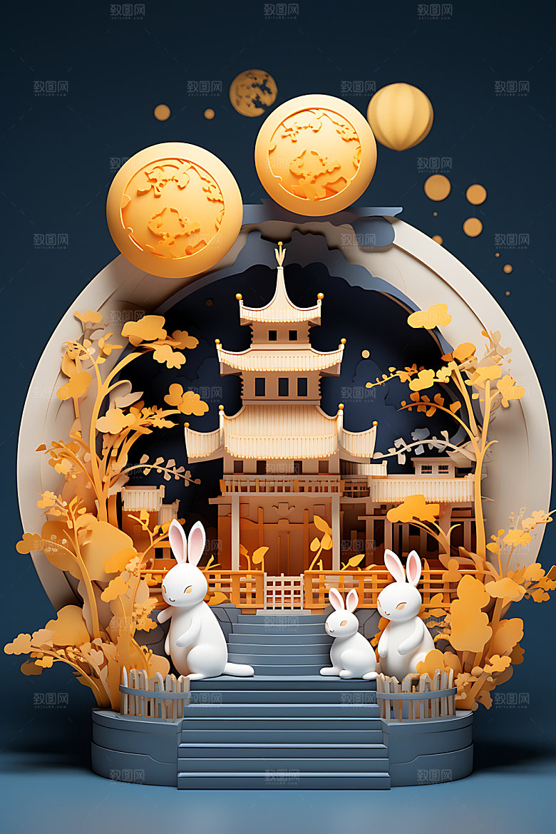 中秋古建筑3D立体模型