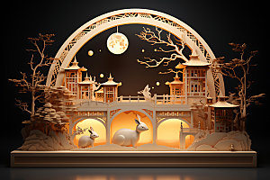 中秋古建筑中国风赏月模型