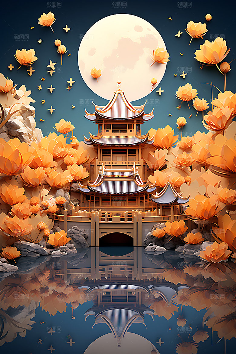 中秋古建筑中国风立体模型