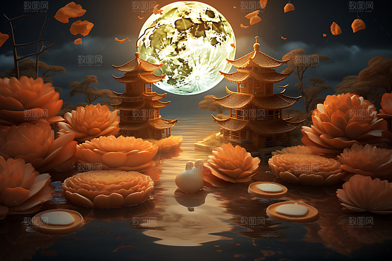 中秋古建筑中国风赏月模型