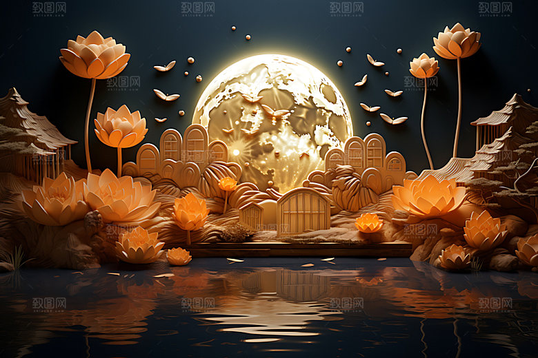 中秋古建筑月圆3D模型