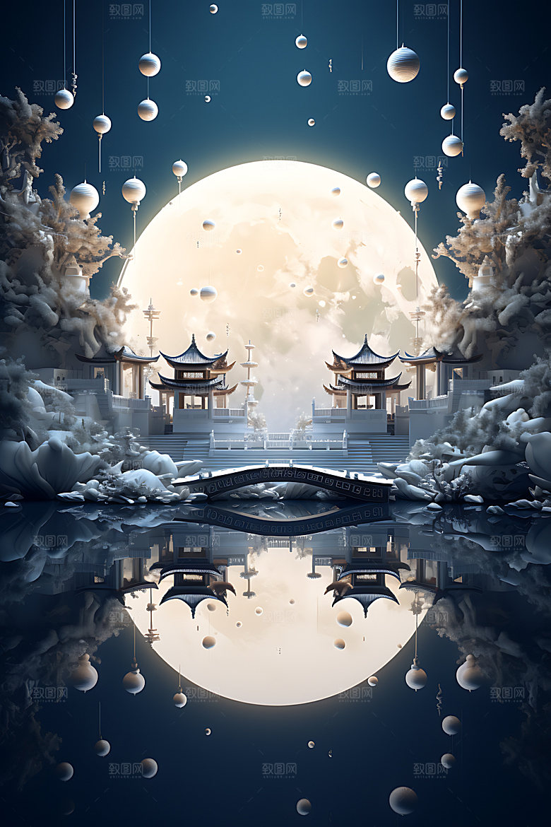 中秋古建筑中国风赏月模型
