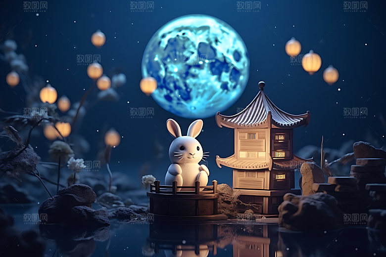 中秋古建筑月圆赏月模型