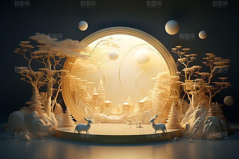 中秋古建筑中国风月圆模型