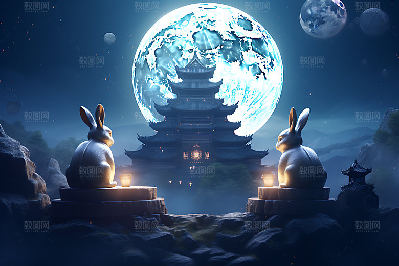 中秋古建筑3D月圆模型