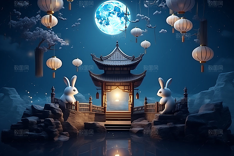 中秋古建筑立体月圆模型