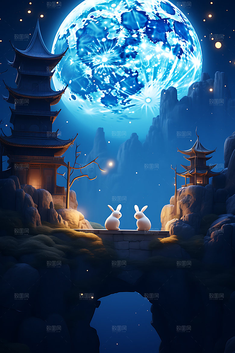 中秋古建筑月圆传统节日模型