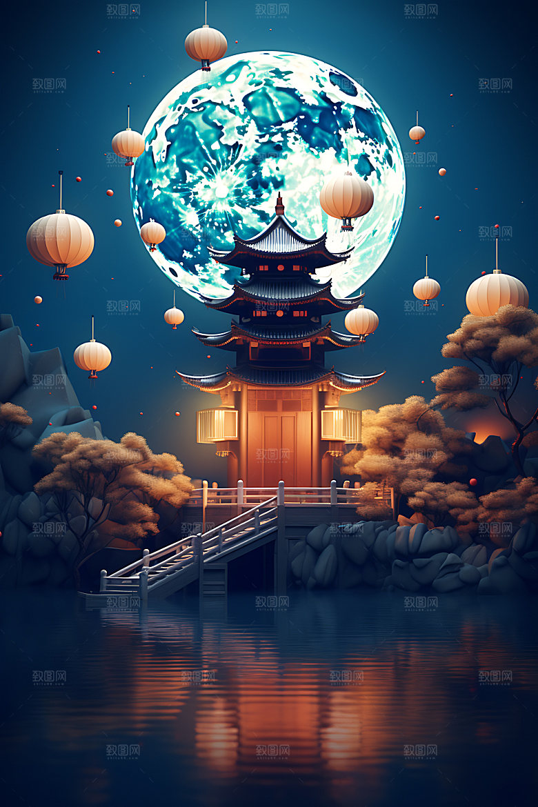 中秋古建筑赏月传统节日模型