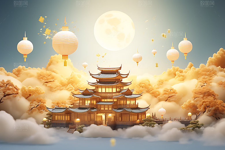 中秋古建筑立体赏月模型