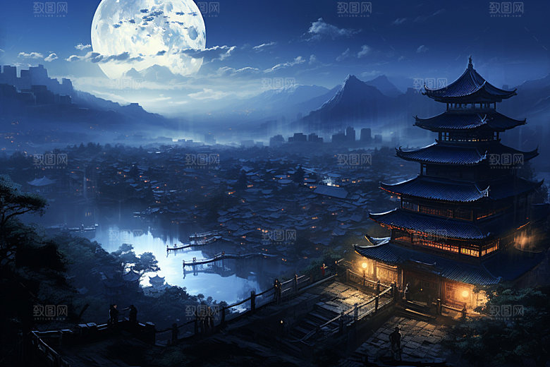 中秋城市中国风科技感插画