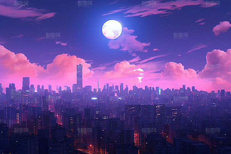 中秋城市都市月圆插画