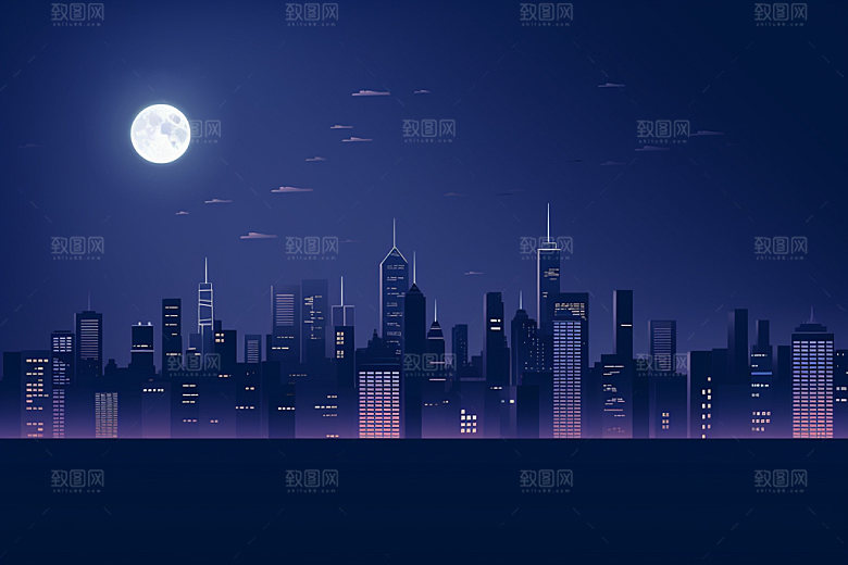 中秋城市科技感中国风插画