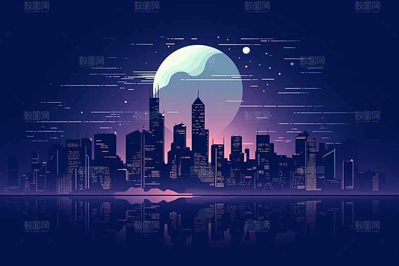 中秋城市地标科技感插画