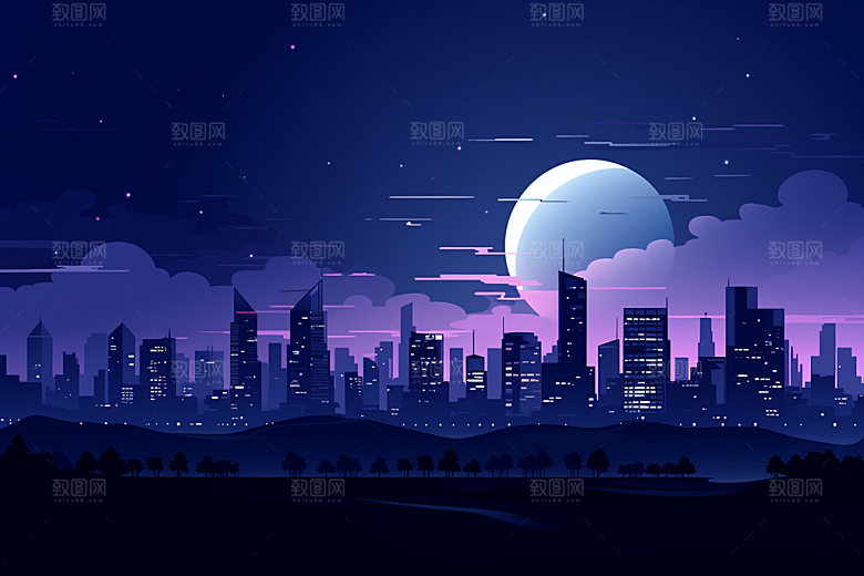 中秋城市建筑时尚插画