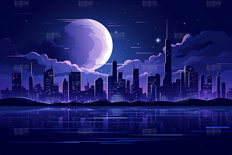 中秋城市中国风未来插画