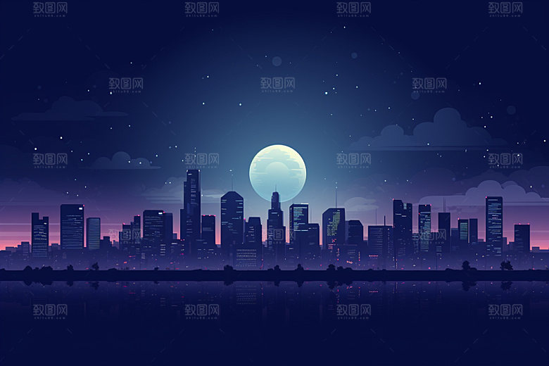 中秋城市月圆都市插画