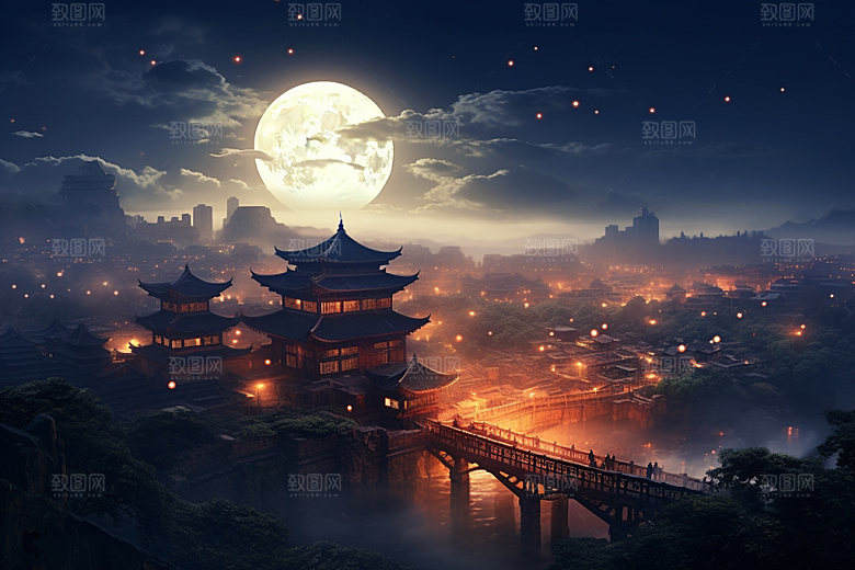 中秋城市地标元素插画