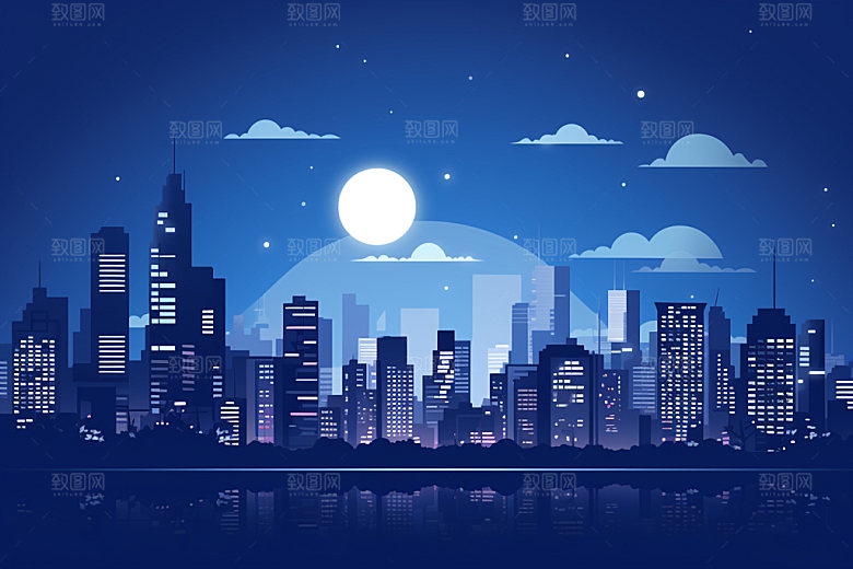 中秋城市建筑未来插画