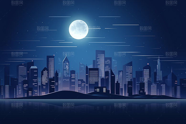 中秋城市地标科技感插画