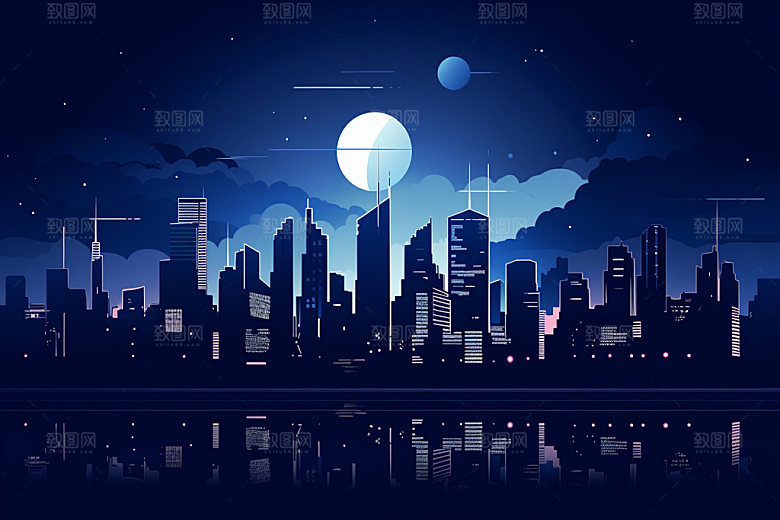 中秋城市科技感地标插画