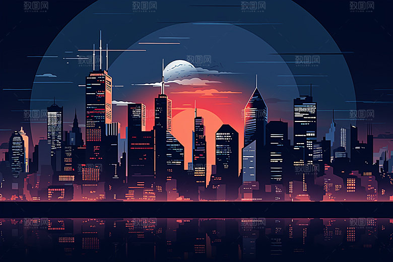 中秋城市中国风未来插画