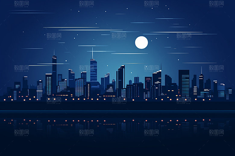 中秋城市时尚月圆插画