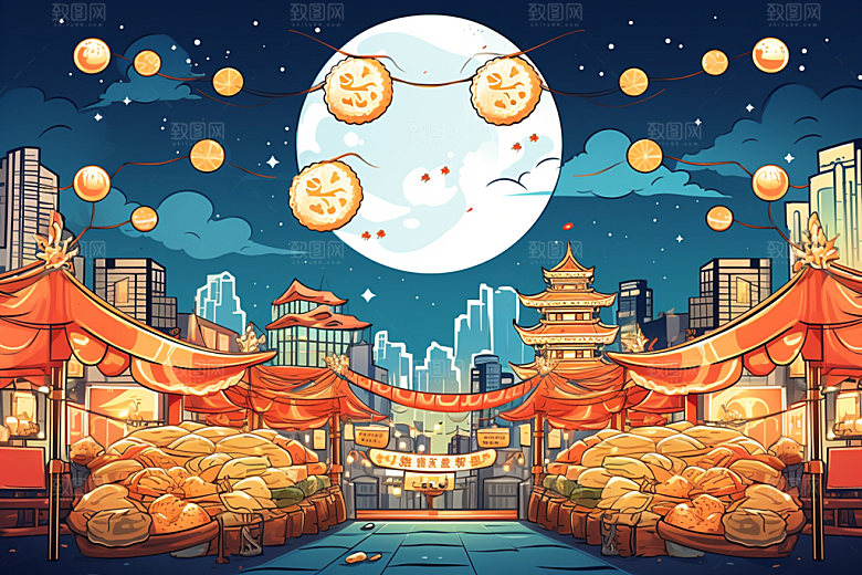 中秋城市元素都市插画