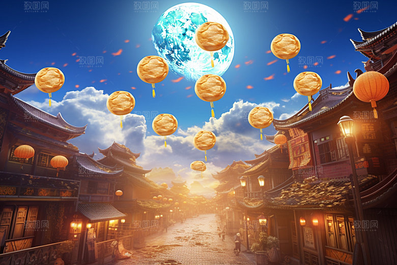 中秋城市月圆元素插画
