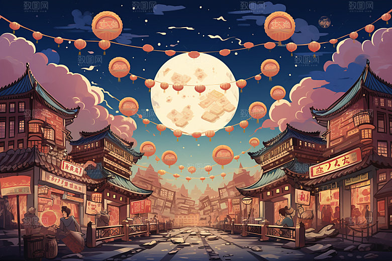中秋城市都市未来插画