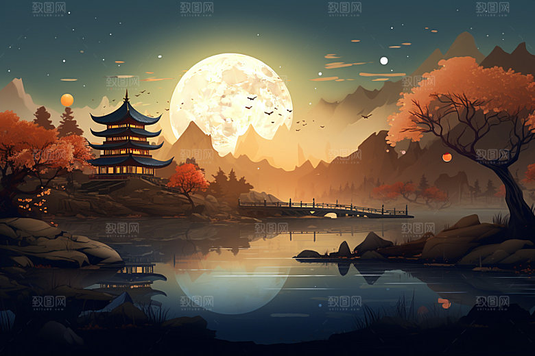 中秋城市建筑未来插画