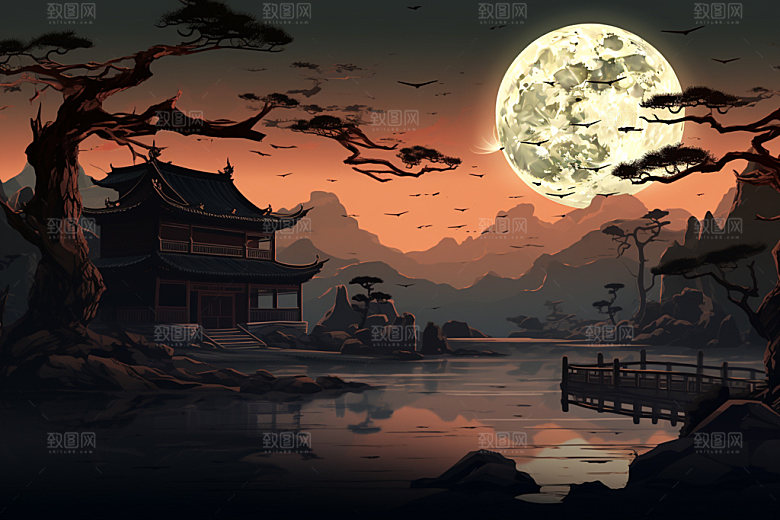 中秋城市赛博朋克未来插画