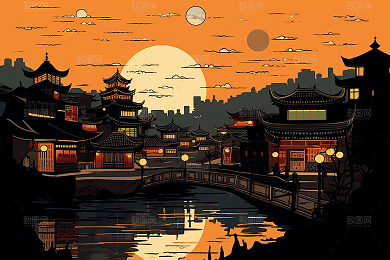 中秋城市建筑中国风插画