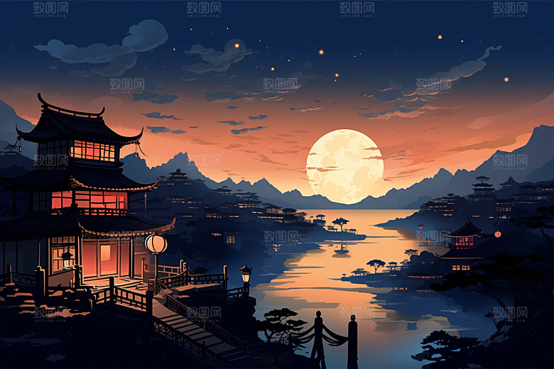 中秋城市赛博朋克元素插画