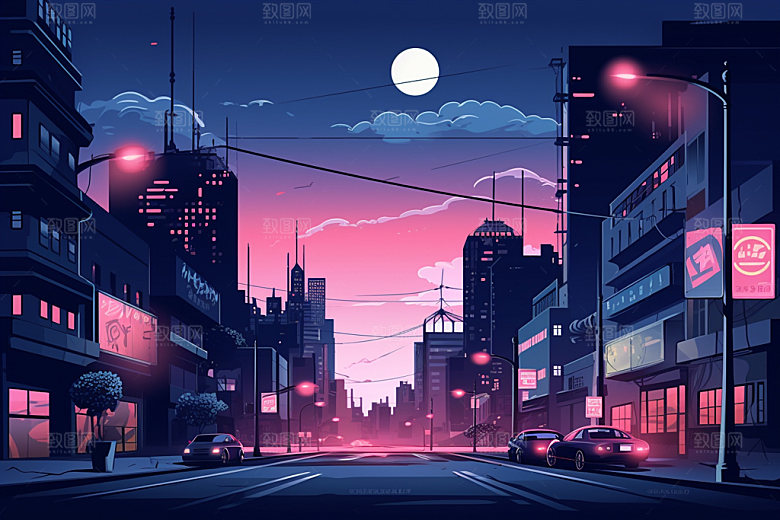 中秋城市科技感赛博朋克插画