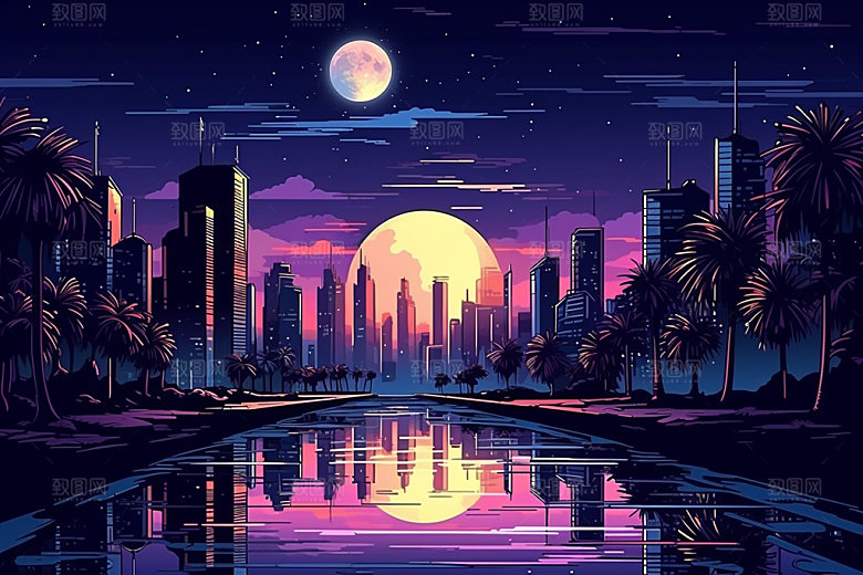 中秋城市都市赛博朋克插画